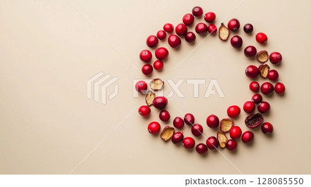 Flat lay circular arrangement of cranberries vegetable fruit for natural ingredient, copy space 128085550