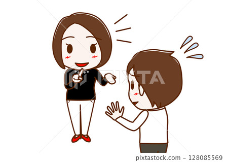 (Multiple) Smiling women trying hard to explain and a confused man trying to refuse 128085569