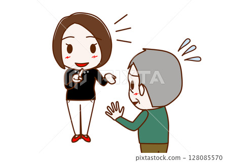 (Multiple) A woman smiling and trying her best to explain something and an elderly man panicking and trying to refuse 128085570