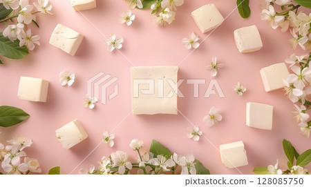 Tofu soybean extract natural ingredient for cooking circular arrangement in pink background 128085750