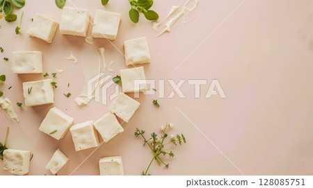 Tofu soybean extract natural ingredient for cooking circular arrangement in pink background 128085751