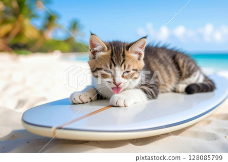 Kitten relaxing on a surfboard 128085799