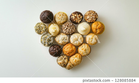 Sweet muffin cake are arranged in a heart-shaped arrangement flat lay view 128085884