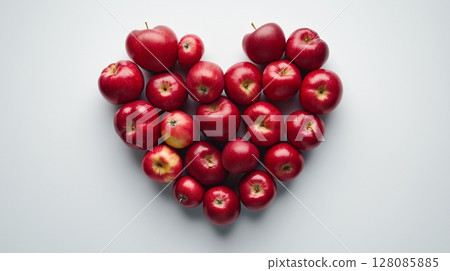Red apple fruit are arranged in a heart-shaped arrangement flat lay view 128085885