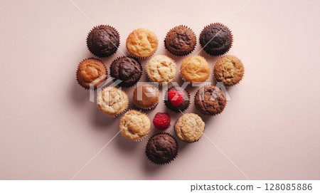 Sweet cupcake cream cake are arranged in a heart-shaped arrangement flat lay view 128085886
