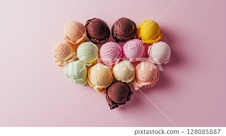 Sweet ice cream scoops are arranged in a heart-shaped arrangement flat lay view 128085887
