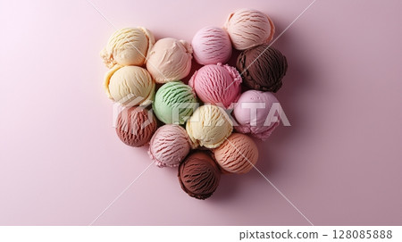 Sweet ice cream scoops are arranged in a heart-shaped arrangement flat lay view 128085888