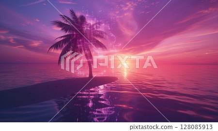 Purple sunset on beach with sun, palm tree and ocean water 128085913
