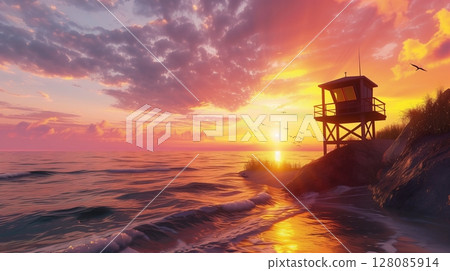 Yellow sunset on beach with sun, palm tree and ocean water Yellow sunset on beach with sun, palm tree and ocean water 128085914