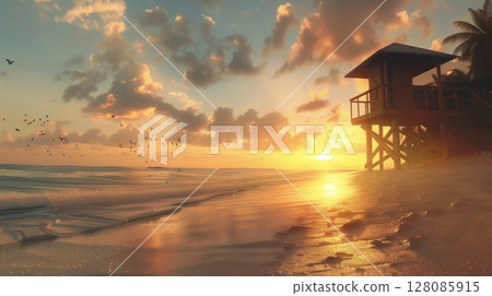 Yellow sunset on beach with sun, palm tree and ocean water Yellow sunset on beach with sun, palm tree and ocean water 128085915