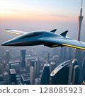 airplane flying above city 128085923