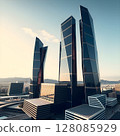 empty marble staircase with cityscape of modern city 128085929