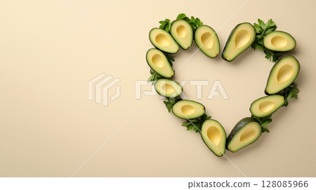 Avocado fruit are arranged in a heart-shaped arrangement copy space 128085966