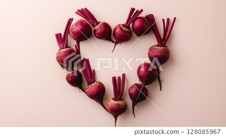 Beets fruit are arranged in a heart-shaped arrangement copy space 128085967