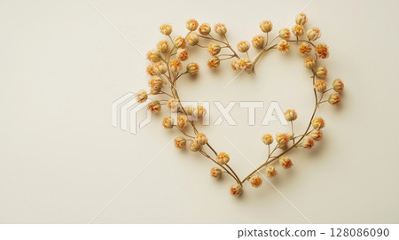 Meadowsweet arranged in the shape of a heart copy space blank white background Meadowsweet arranged in the shape of a heart copy space blank white background 128086090