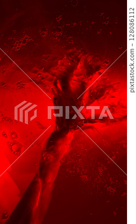 Abstract Representation of Movement and Emotion Captured in a Fiery Red Underwater Scene with Bubbling Textures and Fluid Dynamics Expressing Intensity and Motion 128086112