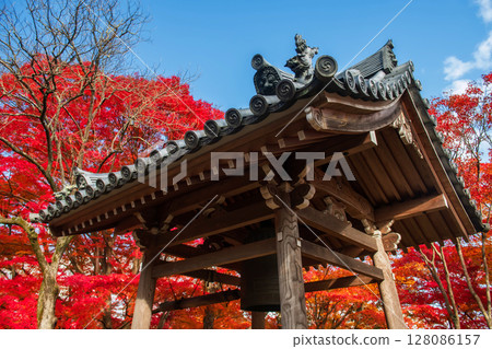 bell tower by red autumn maple leaf at Jojakkoji temple, Arashiyama bell tower by red autumn maple leaf at Jojakkoji temple, Arashiyama 128086157