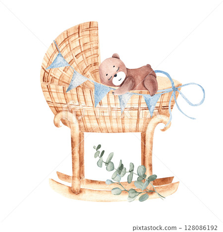 Watercolor illustration of Baby Boy cradle from rattan decorated with eucalyptus branches with plush Teddy Bear Toy. Hand drawn Crib in retro style. For newborn greeting or birthday cards, baby shower Watercolor illustration of Baby Boy cradle from rattan decorated with eucalyptus branches with plush Teddy Bear Toy. Hand drawn Crib in retro style. For newborn greeting or birthday cards, baby shower 128086192