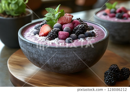 Delicious Mixed Berry Smoothie Bowl with Fresh Fruit and Coconut Garnish Generative AI 128086212