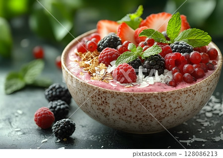 Healthy Berry Smoothie Bowl with Granola, Coconut Flakes, and Fresh Mint for Breakfast Inspiration Generative AI 128086213