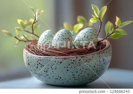 Speckled Eggs in Nest with Fresh Greenery for Spring Decor and Easter Celebrations Generative AI 128086245