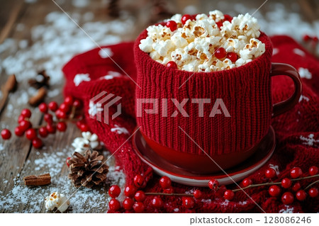 Winter Cozy Red Mug with Popcorn and Cranberries for Festive Holiday Decor Generative AI 128086246