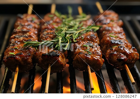 Grilled Beef Skewers with Fresh Rosemary on BBQ Grill for Summer Barbecue Generative AI Grilled Beef Skewers with Fresh Rosemary on BBQ Grill for Summer Barbecue Generative AI 128086247