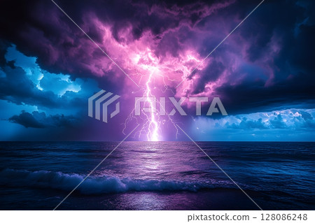 Dramatic Ocean Lightning Storm at Dusk with Vibrant Purple Clouds Generative AI 128086248