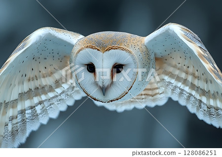 Majestic Barn Owl in Flight Against Soft Blue Background Nature, Wildlife, Photography Generative AI 128086251