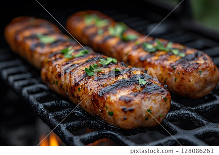 Grilled Sausages on Barbecue Grill with Herbs Summer BBQ Concept for Culinary Design Generative AI 128086261