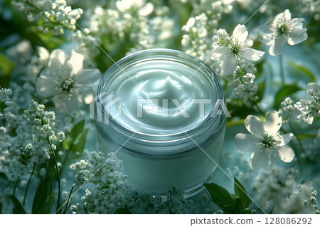 Natural Skincare: Moisturizing Cream in Floral Botanical Setting for Organic Beauty Concepts Generative AI 128086292