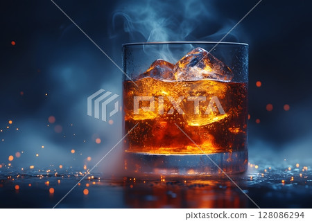 Refreshing Glass of Iced Whiskey with Smoky Ambiance for Beverage Engagement Generative AI Refreshing Glass of Iced Whiskey with Smoky Ambiance for Beverage Engagement Generative AI 128086294
