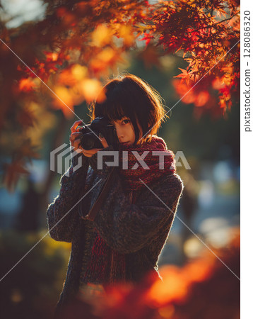 Autumn time, female photographer taking a picture among autumn leaves 128086320