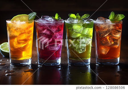 Colorful Assortment of Refreshing Cocktails with Citrus and Mint Garnishes for Beverage Inspiration 128086506