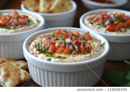 Gourmet Mediterranean Hummus with Fresh Toppings for Culinary Delights and Recipe Inspiration Gourmet Mediterranean Hummus with Fresh Toppings for Culinary Delights and Recipe Inspiration 128086508