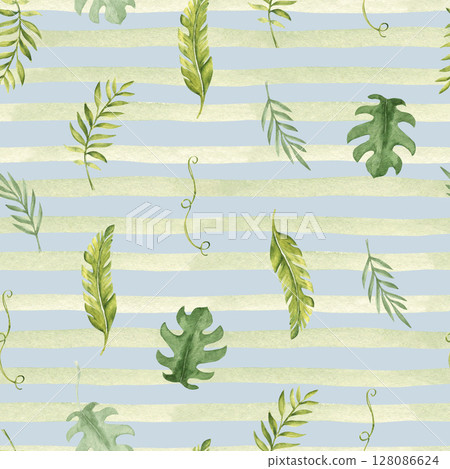 Tropical Leaves Seamless Pattern on a green striped, light blue background. Palm, Eucalyptus and Monstera with Liana, horizontal Brush Strokes or Lines. Watercolor Hand drawn illustration. For 128086624
