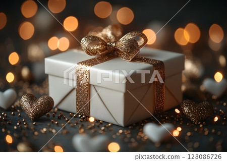 Elegant Gift Box with Glittering Ribbon Against a Bokeh Background for Holiday Celebrations and Gift-Giving Concepts Generative AI Elegant Gift Box with Glittering Ribbon Against a Bokeh Background for Holiday Celebrations and Gift-Giving Concepts Generative AI 128086726