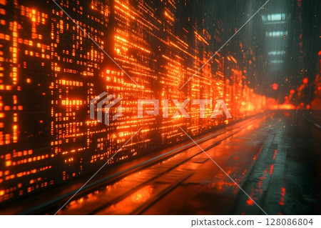 Futuristic Neon Cityscape at Night with Glowing Lights and Rainy Atmosphere Generative AI 128086804