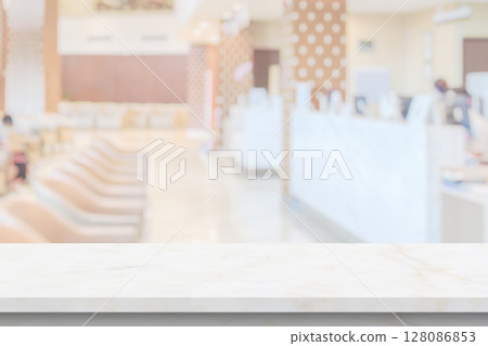 Marble table top with blur hospital clinic medical interior background 128086853