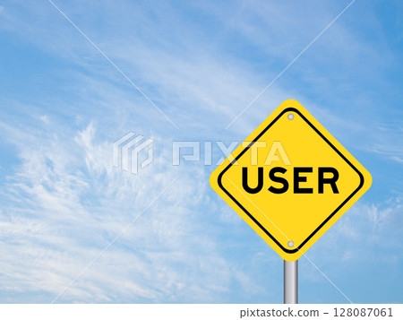 Yellow transportation sign with word user on blue color sky background 128087061