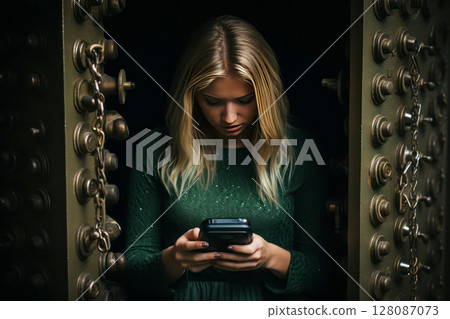 A girl browses the Internet on a smartphone to protect cybersecurity from hacker attacks A girl browses the Internet on a smartphone to protect cybersecurity from hacker attacks 128087073