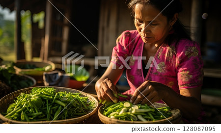 Elderly Asian woman sorting fresh green vegetables at sunset for a home-cooked dinner 128087095