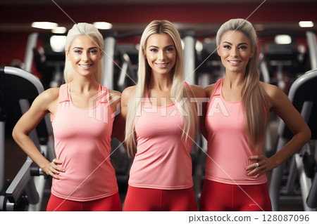 Vibrant women joyfully team up for an invigorating workout at the gym 128087096