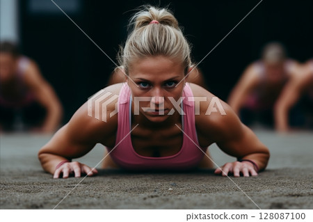 Group of cheerful athletic women having fun and enjoying a sports training session in the gym Group of cheerful athletic women having fun and enjoying a sports training session in the gym 128087100