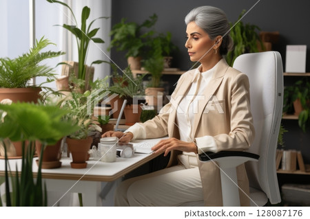 Professional middle-aged businesswoman working on laptop in sunny green office environment 128087176