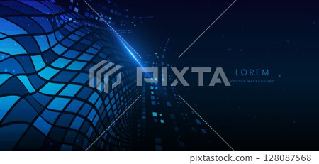 Technology futuristic glowing lines neon blue light ray on dark blue background with square pattern digital element. Technology futuristic glowing lines neon blue light ray on dark blue background with square pattern digital element. 128087568