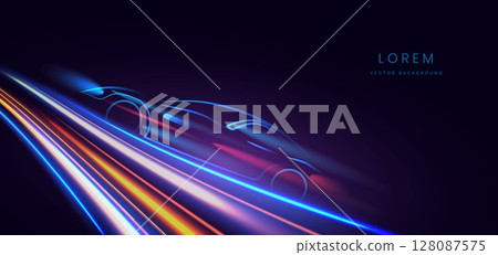 Abstract futuristic glowing neon multi color lines. Hi speed car motion moving concept on dark blue background. 128087575