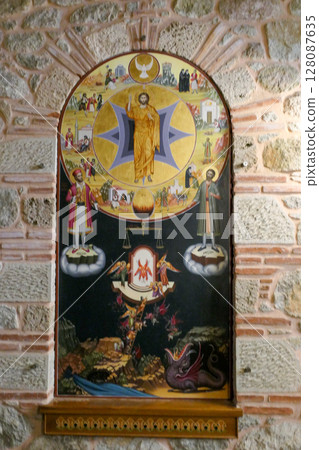 Greece, Meteora, Greek Orthodox icon inside the Varlaam Monastery Greece, Meteora, Greek Orthodox icon inside the Varlaam Monastery 128087635