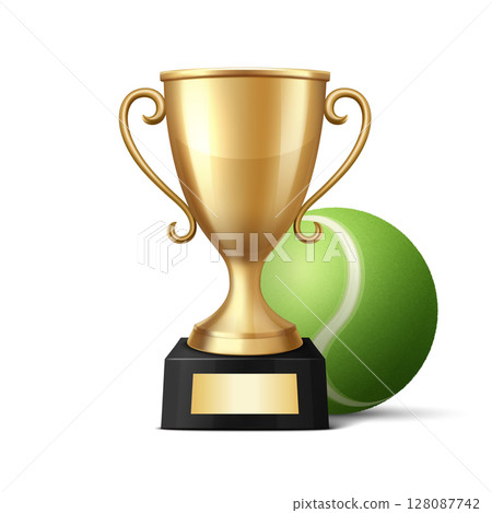 Vector 3d Realistic Golden Trophy Cup with Tennis Ball. Sports Award Illustration for Tennis Tournament, Match Victory, Champion Prize, Sports Event Design, Competition Reward, Winner Concept 128087742