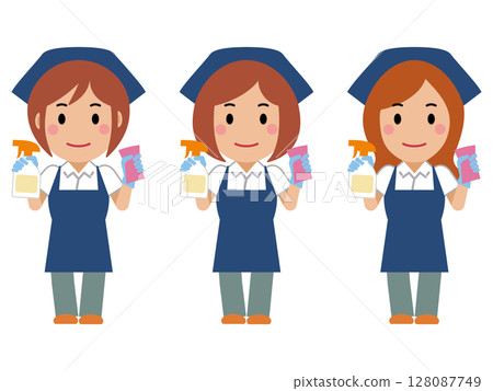 A female cleaner in a navy blue apron holding detergent and a sponge A female cleaner in a navy blue apron holding detergent and a sponge 128087749